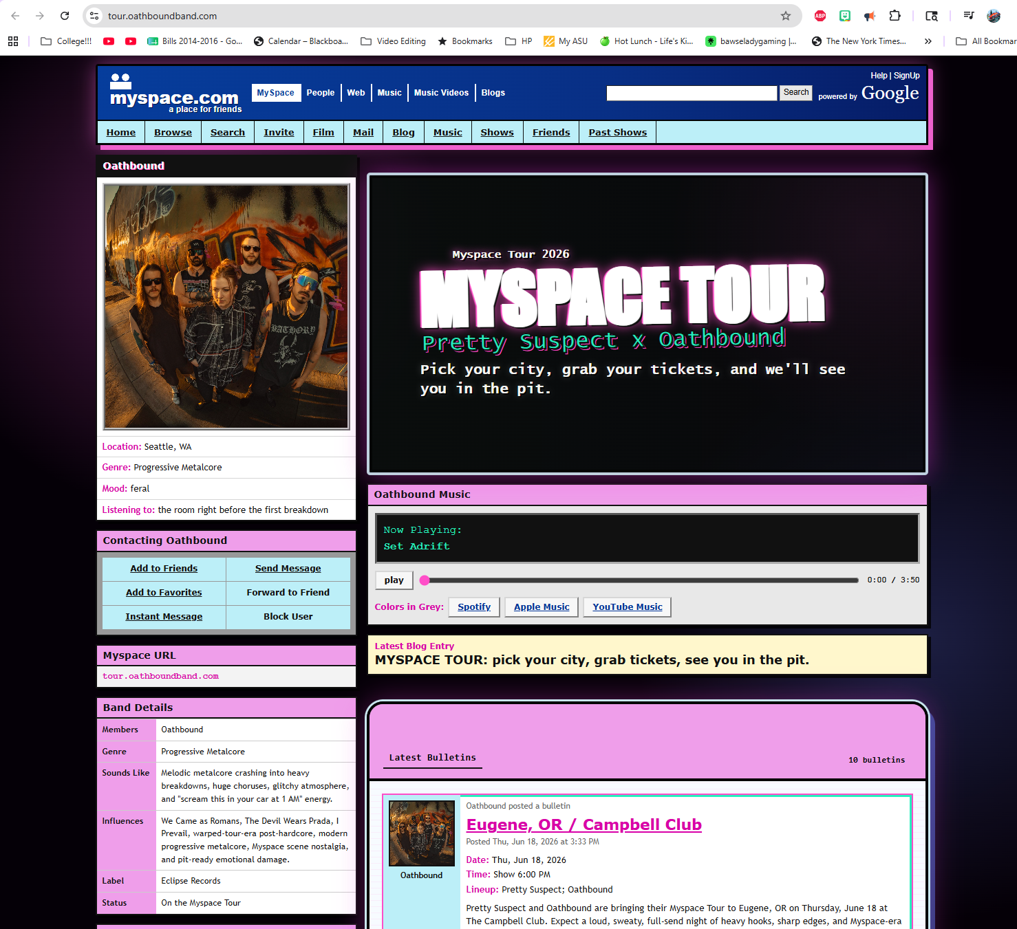 Custom MySpace-style Oathbound tour page screenshot